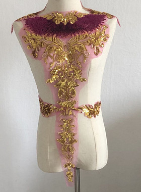 SASKIA金色亮片花朵网纱刺绣布贴舞蹈衣服装饰辅料一套6朵补丁DIY