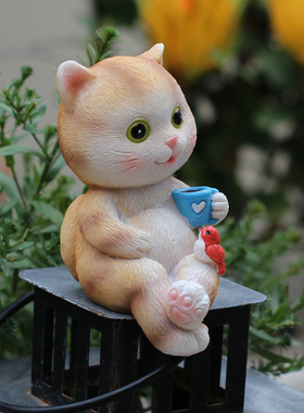 可爱小猫喝咖啡桌边装饰阳台庭院花盆坐姿摆件吊脚电视柜布景摆设