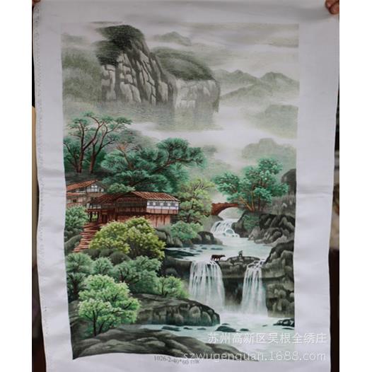 厂家生产苏绣手工刺绣画客厅装饰山水风景画未装裱绣片
