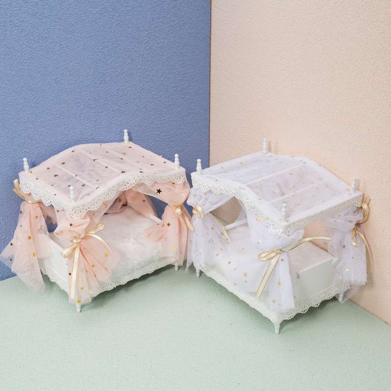 1:12娃娃屋dollhouse迷你家具卧室微场景模型梦幻星月网纱公主床