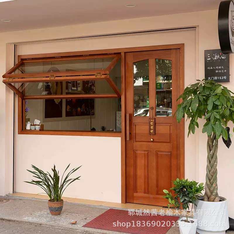 复古老榆木大门街边咖啡厅做旧原木门可折叠窗户奶茶店民宿门套窗