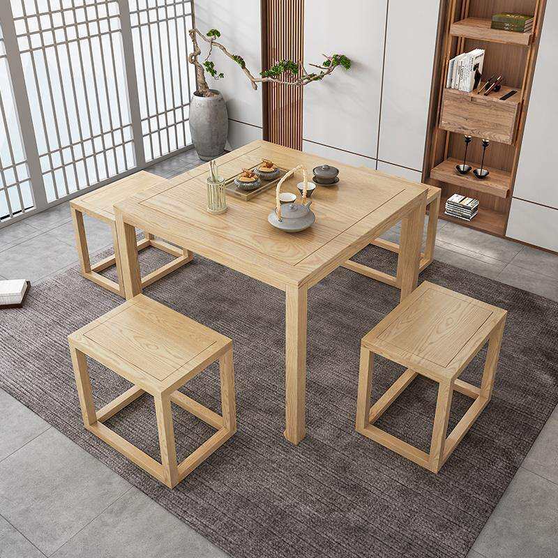 新中式实木八仙桌禅意茶室棋牌室品茶正方形桌椅组合茶楼原木餐桌