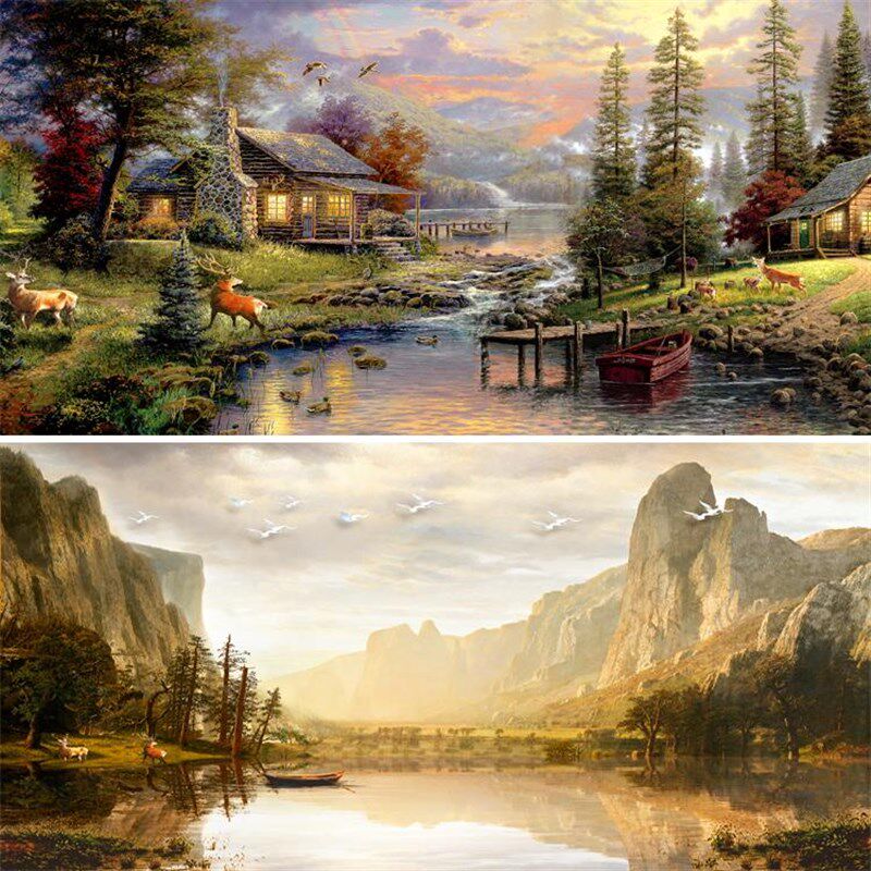 欧式古典山水聚宝盆风景油画画心壁画无框画横版画芯贴画自粘贴画