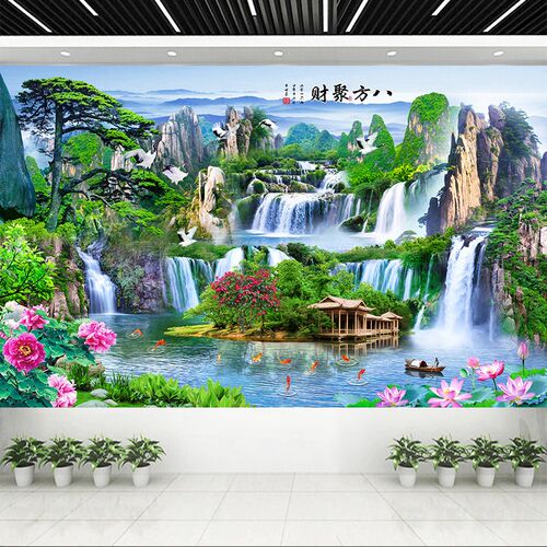八方聚财山水画墙贴壁布自粘新款客厅沙发背景墙装饰画流水生财