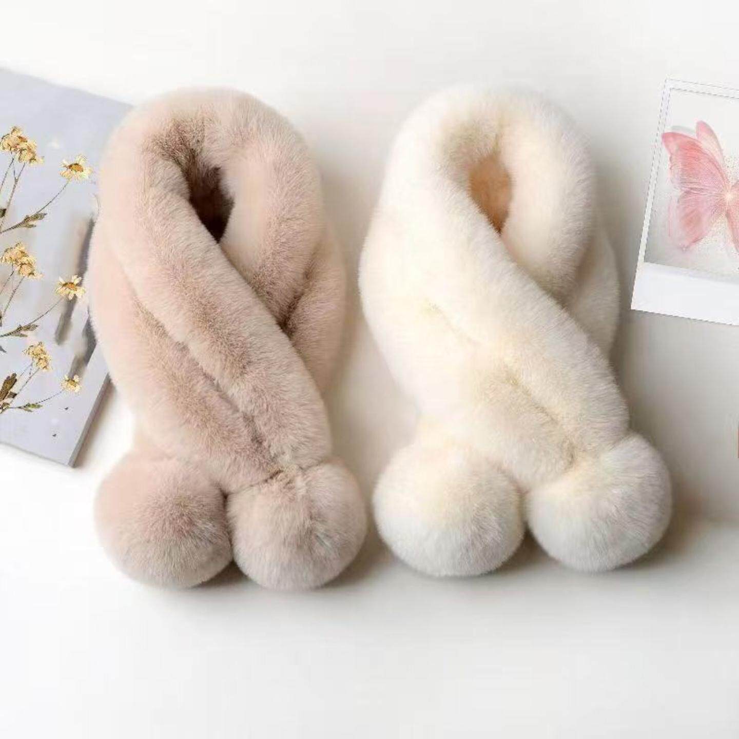 仿兔毛围巾毛绒围脖女仿獭兔毛皮草冬季加厚加密保暖交叉球球脖套