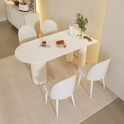 奶油风岩板餐桌椅组合家用小户型一体简约法式圆形纯白半圆中岛桌