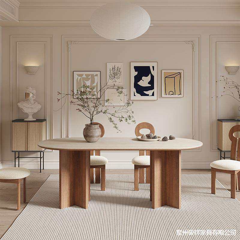 北欧实木设计师奶油风椭圆形洽谈桌小户型家用白色岩板餐桌椅组合