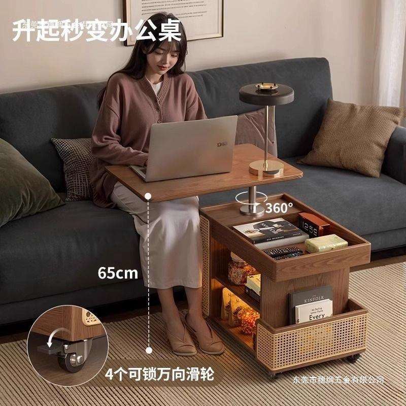 实木移动带轮升降茶几巴士小户型家用客厅沙发边柜古风小推车旋转