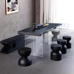 原木大板餐桌子亚克力工作台设计师悬浮创意黑色实木茶桌民宿炭化