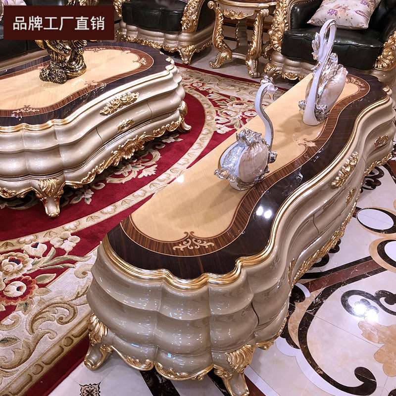 欧式茶几电视柜组合客厅实木奢华别墅高档金色橡木雕花家具套装