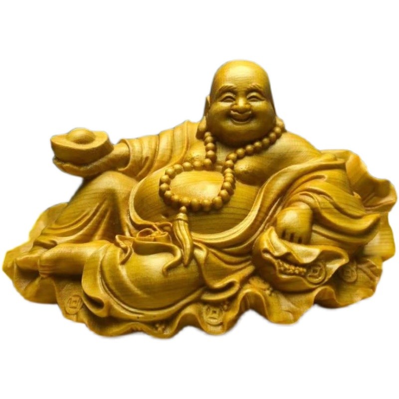 崖柏饰杨木精雕弥勒实汽车载摆件黄品佛木雕刻卧佛元宝笑佛工艺品