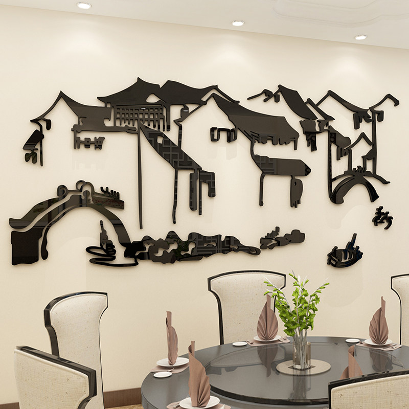 徽派建筑饭店墙面装饰品壁纸贴画锅国风创意火中餐饮包厅馆间背景