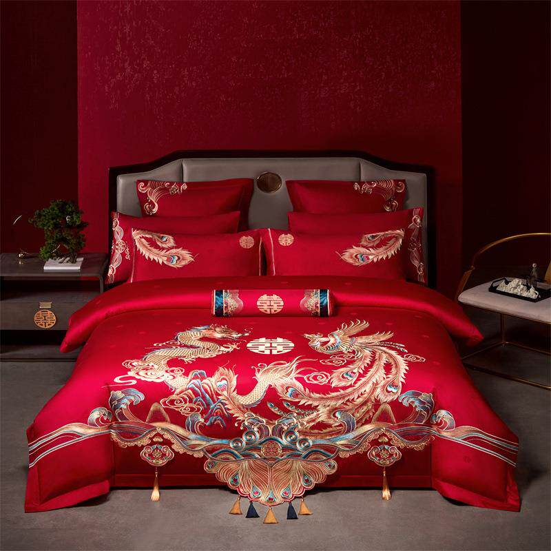 高端 160支长绒棉婚庆四件套 全棉贡缎刺绣结婚大红六件套/十件套