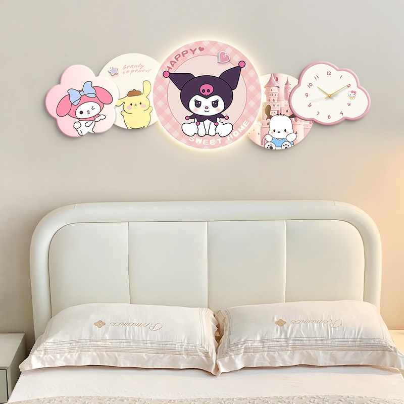 儿童房装饰画带钟表女孩房床头画卧室房间公主房挂画壁灯高级感