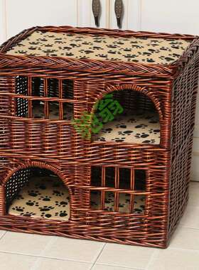 yut藤编猫窝别墅猫房子二层猫屋四季通用可拆洗猫笼子骨折价半封