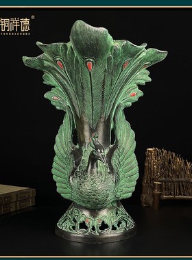 古青铜摆件青铜双凤杯酒樽吉祥鸟尊花瓶古玩装饰工艺品花插笔筒
