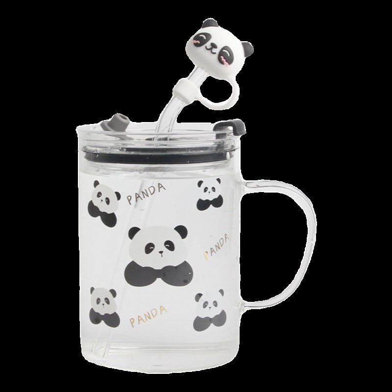 可爱熊猫玻璃水杯带吸管女生家用耐高温儿童牛奶杯子办公室咖啡杯
