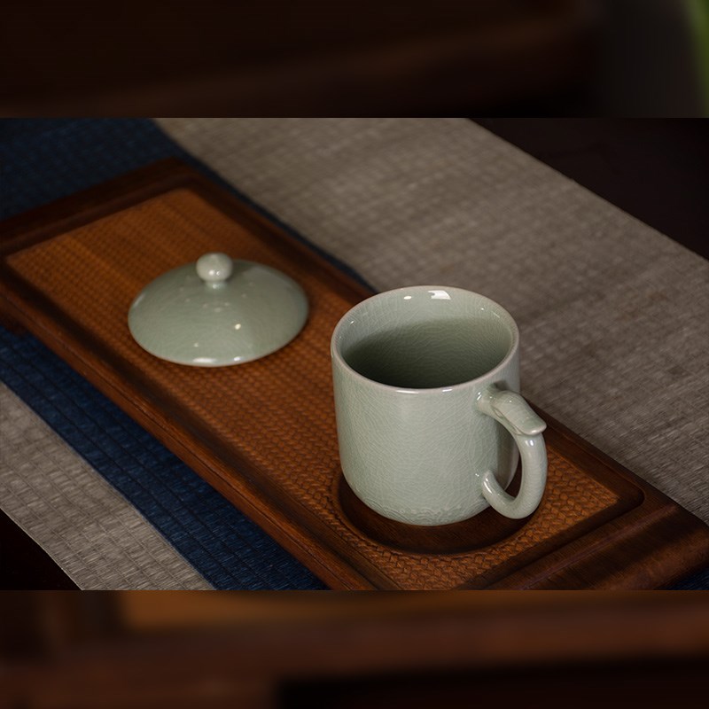 茶杯办公室会议室泡茶带盖汝瓷茶具粉青开片可养龙饮杯300ml