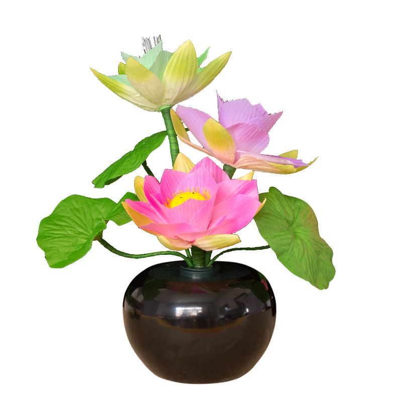 佛前花供奉光纤LED三品莲花灯佛供灯七彩变光荷花佛灯感应灯盆景