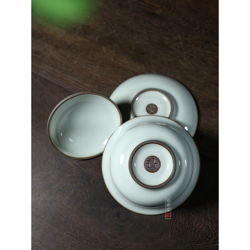 龙泉青 泡茶碗铁月白釉哥窑 胎三才碗 盖碗瓷敬茶碗 青瓷陶瓷茶具
