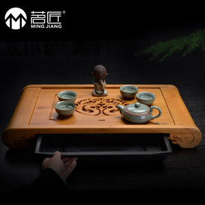 茗匠功夫茶具竹制茶盘实木盛水储水抽屉式茶海茶座中号小号茶托盘