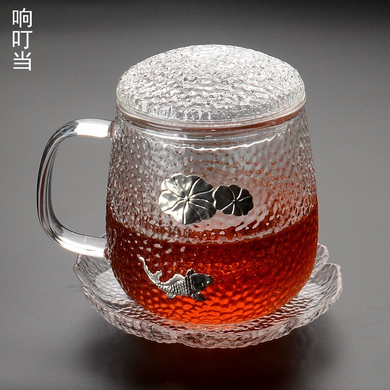 玻璃花茶杯茶水分离办公室杯子女创意个性水杯带盖带手把茶杯