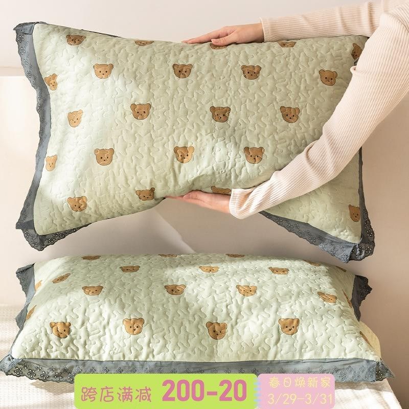 饼干熊枕套新款一对装加厚夹棉枕头套儿童防头油家用卡通花边双人