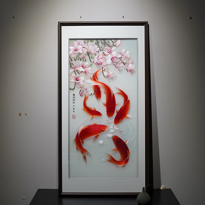 湘绣工品挂画锦鲤客厅玄关装饰画鱼戏琼花纯手中湘秀成国风刺绣画