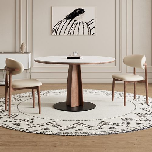 德利丰实木岩板餐桌家用小户型1米圆桌法式中古风高端圆形饭桌子