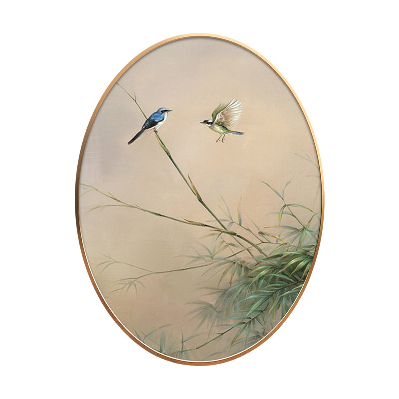 手绘椭圆形竹子喜鹊油画玄关装饰画餐厅过道茶室卧室花鸟圆形挂画