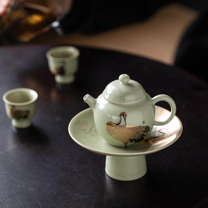 山鼎鹤舞神州一壶四杯茶具套装家用陶瓷果盘玻璃公杯小套组商务礼