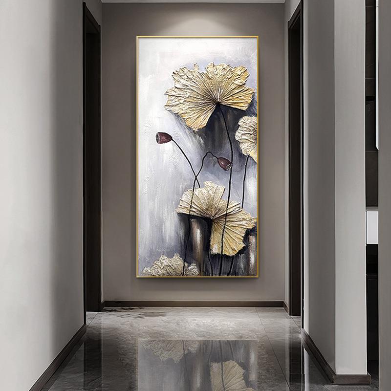 现代高档纯手绘荷花油画大芬村玄关装饰画客厅走廊过道肌理感挂画