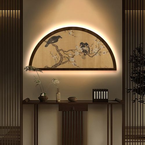 中式半圆形沙发背景墙装饰画中古风客厅花鸟挂画高级感床头壁灯画
