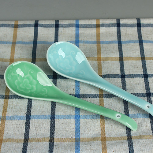 青瓷餐具陶瓷家用大汤勺龙泉窑梅子青缠枝牡丹汤匙大号勺子盛汤勺