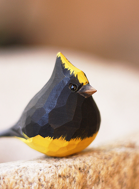 鹿妖商店 肥啾鸟木雕 冕雀 黄鬃鸟 黑鸟 手工实木摆件 黑黄小胖鸟