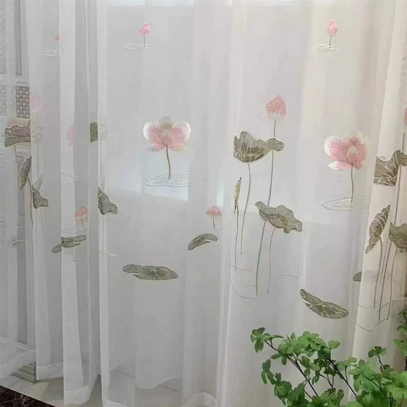 窗帘荷花中式绣花纱帘透光透气成品隔断卧室窗纱书房客厅飘窗阳台