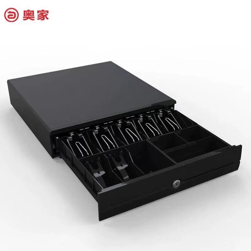 奥家钱箱带锁收银箱收款箱黑白色盒加厚接收银机三档锁智能钱箱通