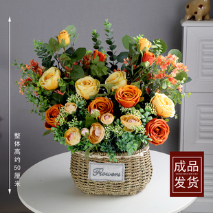 成品花篮花艺 高档仿真花束客厅假花摆件电视柜餐桌玄关干花摆设