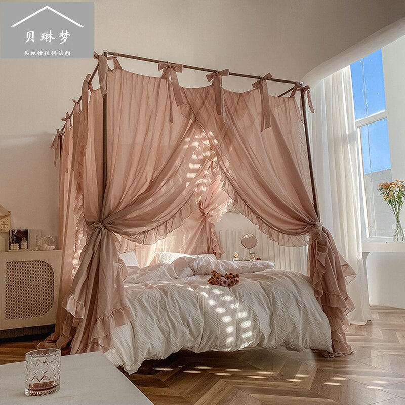 法式豪华亚麻蚊帐绑带老式床幔床帘通用落地加粗木纹支架遮光挡风