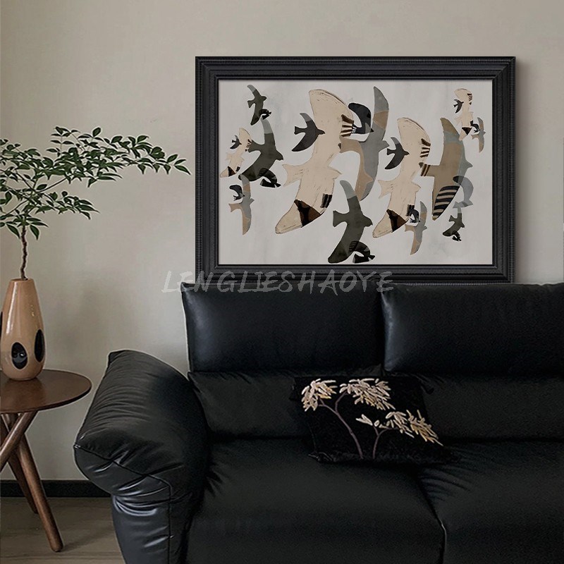 法式复古抽象客厅现代装饰挂画群鸟翱翔高级感入户玄关纯手绘油画