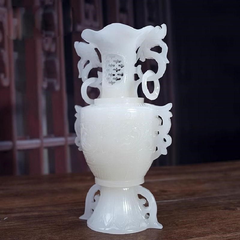 天然玉石仿古镂玄花瓶摆件品雕古风平安中式礼玉客厅空关装饰摆设