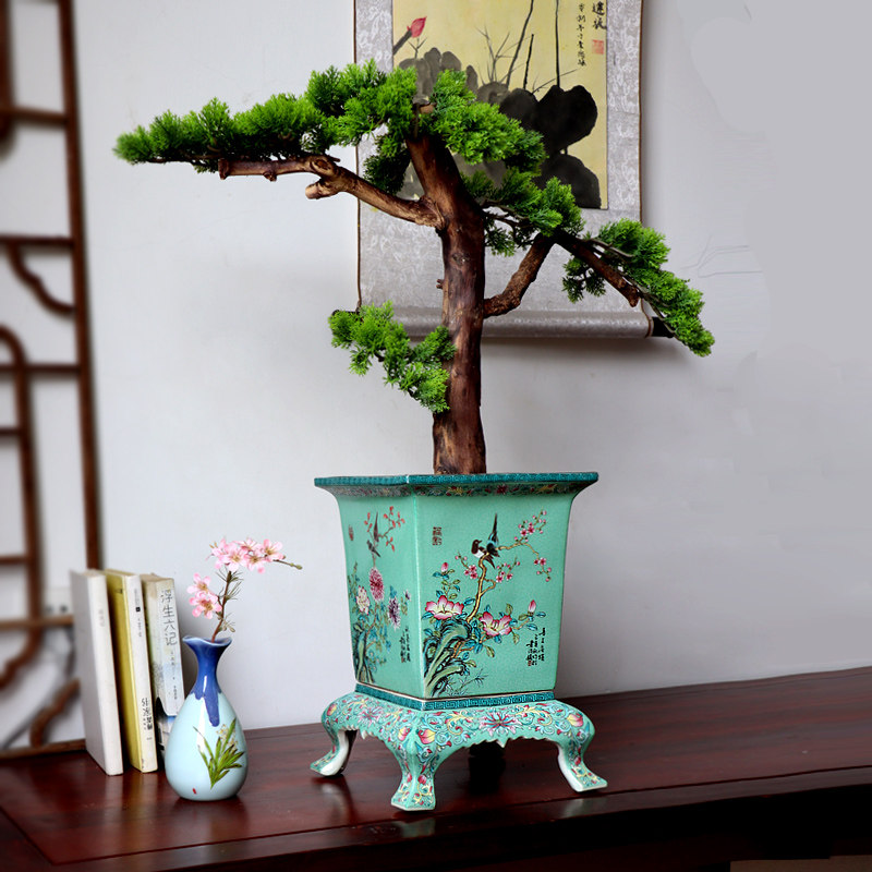景德器珐琅彩陶瓷花盆盆手盆景绿植桌面栽工复古兰花瓷镇四方花鸟
