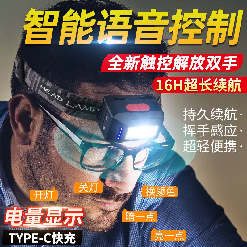 头灯钓鱼专用感应超长续航语音开关充电超亮轻便小巧夜钓充电驱蚊