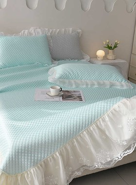 夏天凉感豆豆冰丝凉席三件套床裙式床盖款蕾丝花边可机洗空调软席