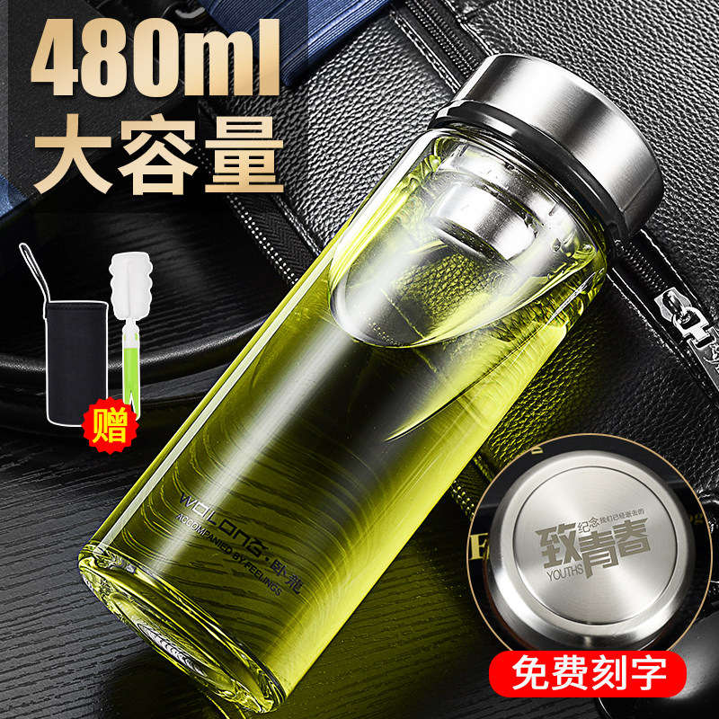 卧龙单层玻璃杯加厚男女大钢化防摔水晶便携杯子带盖水杯喝水口杯