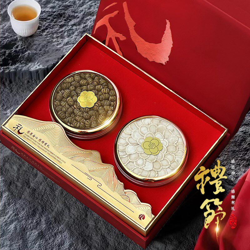 新款小红好礼双拼红色高档礼品盒花旗参石斛鱼翅圆型多拼包装盒子