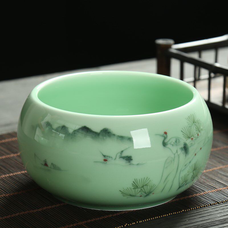 中式大号手绘茶洗陶瓷家用茶渣缸水洗茶杯盆器皿茶具配件水盂笔洗