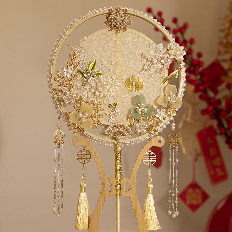 团扇新娘结婚diy材料包高级汉服婚礼流苏中式手工秀禾喜扇金蓝色,家居饰品,工艺扇/团扇/喜扇/折扇,淘宝优惠券,粉丝福利购,淘宝优惠卷