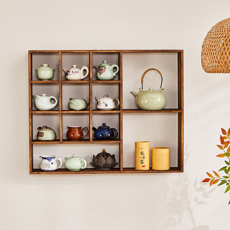 博古架实木中式壁挂多宝阁茶杯茶具展示架墙上摆件古董架茶室茶架