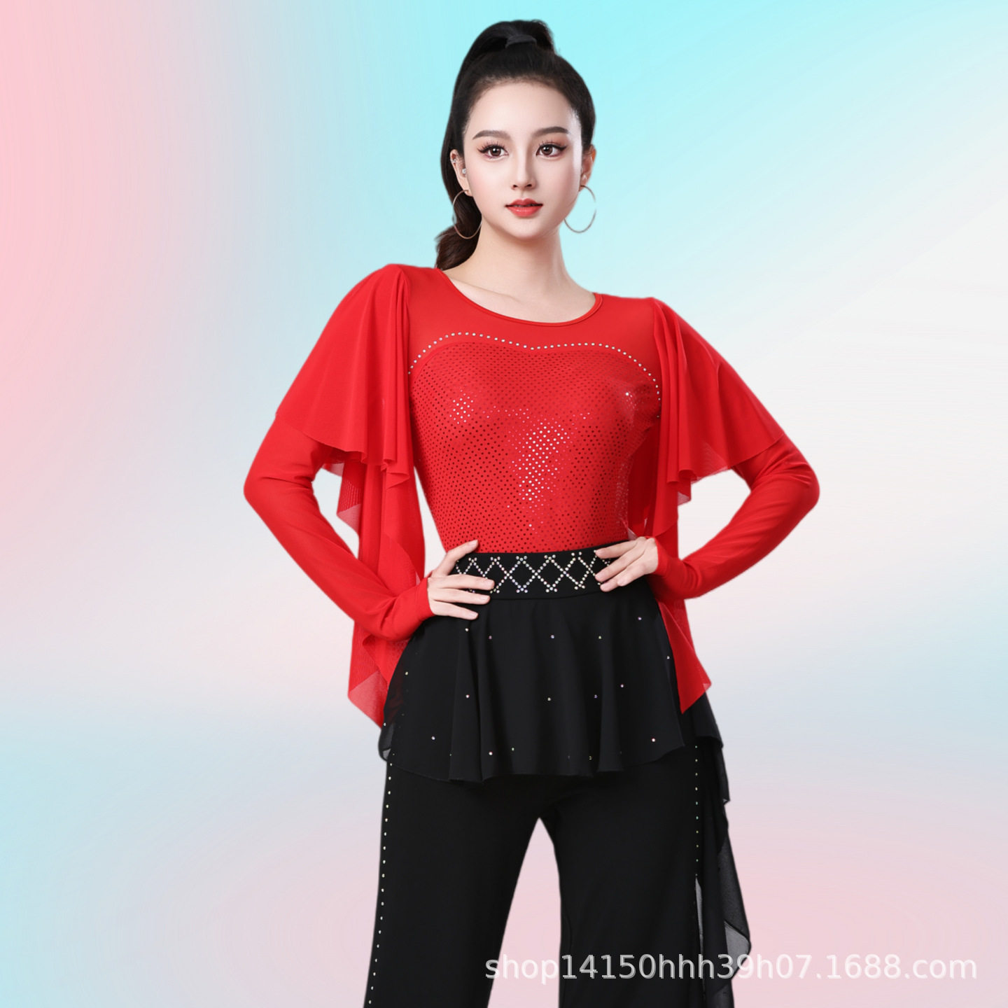 2026新款吉特巴上衣女长袖广场舞服装女三步彩网纱拼色荷叶边舞蹈
